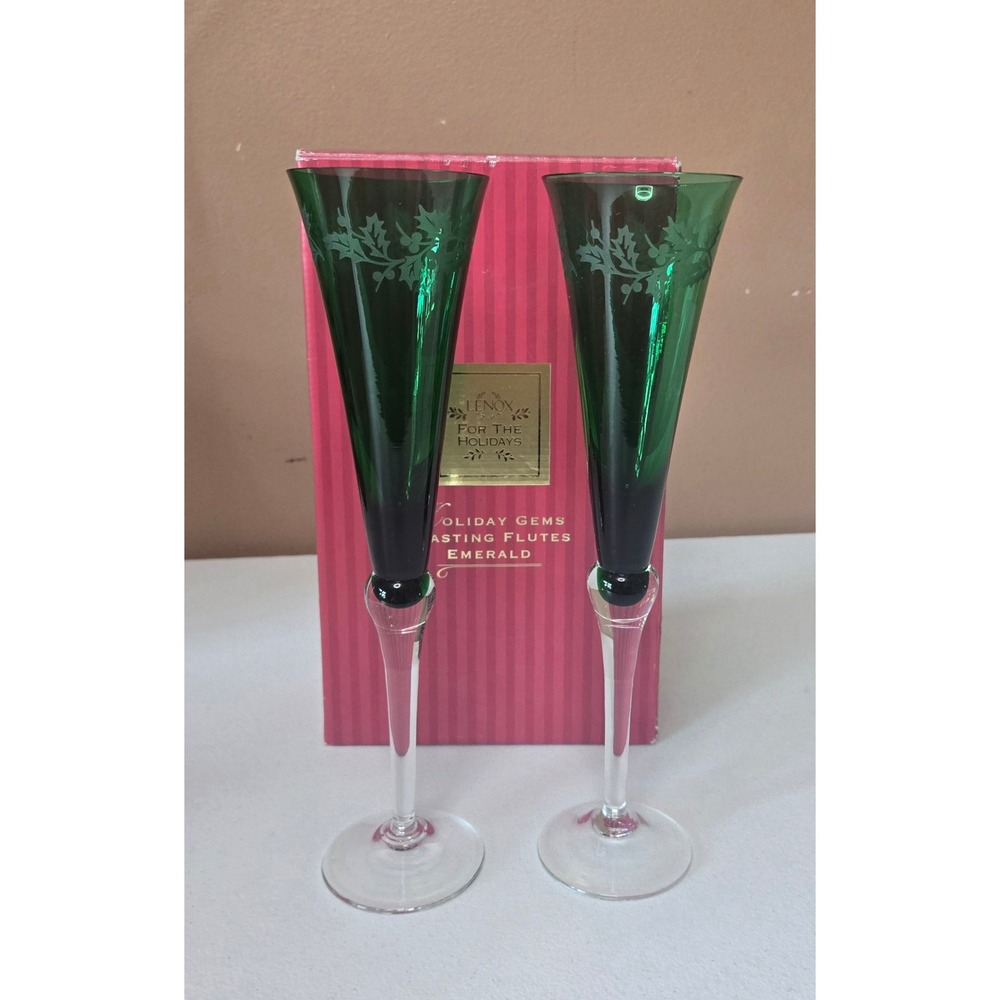 Lenox‎ Holiday Gems Emerald Toasting Flutes Set of 2 Green Crystal Boxed 1998